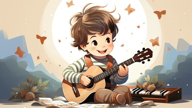 A child playing a musical instrument, like a piano or guitar, with a focused and content expression, highlighting the role of music in stress relief. Illustration, Minimalism,