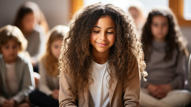 A diverse group of children participating in an art therapy session, creating expressive paintings and drawings, with a supportive therapist guiding them. Illustration, Minimalism,