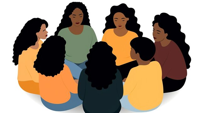 A diverse group of teens in a support circle, sharing their stories and supporting each other, with a caring facilitator guiding the session. Illustration, Minimalism,