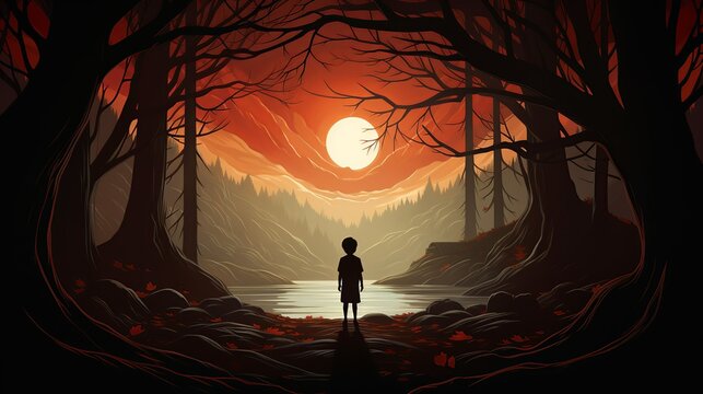 An illustration of a young boy with a superhero cape, facing a large shadow of a monster labeled "Anxiety," symbolizing the bravery in confronting fears. Illustration, Minimalism,