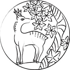 筆書き円形花札　神無月　紅葉　鹿　10月　紅葉に鹿