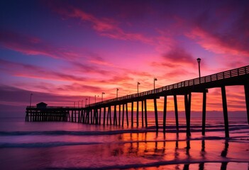 Obraz premium spectacular sunset view ocean pier calm waters colorful sky evening, horizon, dusk, tranquil, seascape, reflection, beautiful, peaceful, scenic, coastline