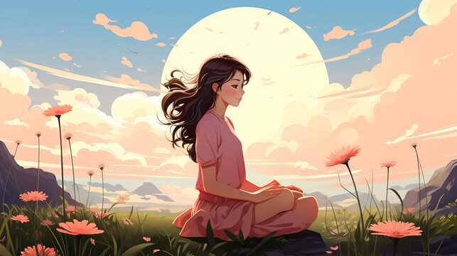 A teen girl practicing mindfulness by focusing on a single flower, with a serene background, highlighting the power of mindfulness in stress reduction. Illustration, Minimalism,