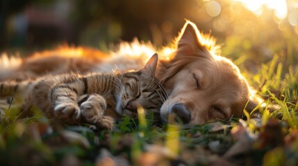 Golden Retriever and Cat Sleeping in the Grass