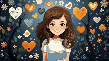 A young girl practicing gratitude by writing in a gratitude journal, with colorful stickers and decorations, promoting positive mental health habits. Illustration, Minimalism,