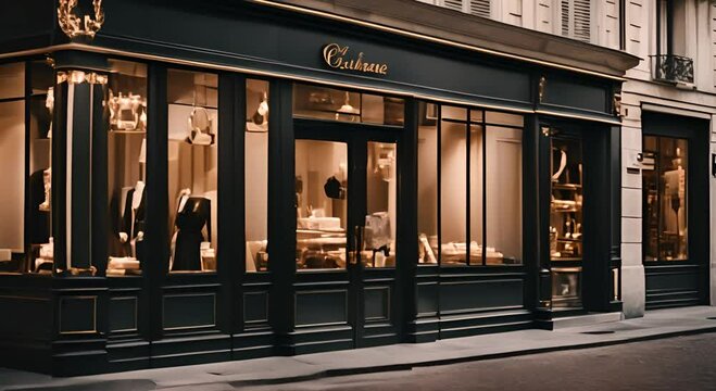 Classic French vintage commercial storefront, chic vintage boutique facade