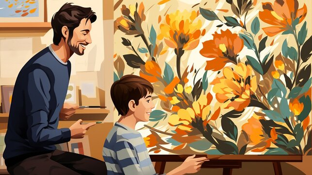 A boy participating in a group art therapy session, with vibrant artworks around him and an instructor guiding the activity, highlighting the therapeutic power of art. Illustration, Minimalism,