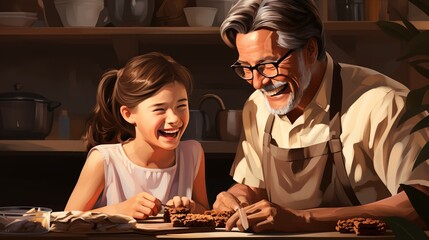 A child baking cookies with a grandparent in a homey kitchen, laughing and learning, representing the soothing and bonding activities that reduce stress. Illustration, Minimalism,