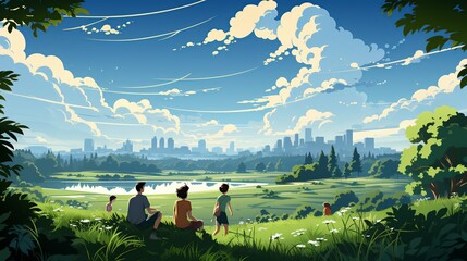 A group of friends laughing and talking at a picnic in the park, with a focus on genuine connections and the joy of social interactions for mental well-being. Illustration, Minimalism,