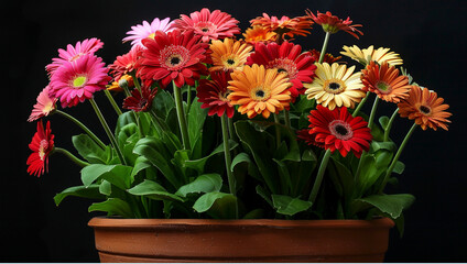 Fototapeta premium Red, yellow and pink daisy flowers in a pot on a black background