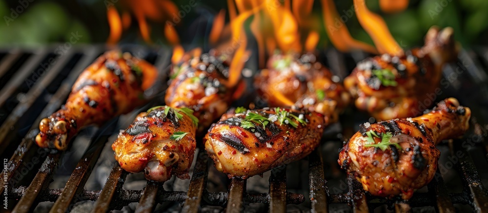 Wall mural A plate of chicken on a grill with a lot of smoke coming from it