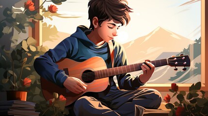 Obraz premium A young boy playing a musical instrument, such as a guitar or piano, in a cozy room filled with natural light, illustrating the stress-relieving power of music. Illustration, Minimalism,