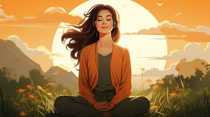 A young girl practicing mindfulness in a park, sitting cross-legged on the grass with eyes closed, deep in meditation, surrounded by nature to show stress relief techniques. Illustration, Minimalism,