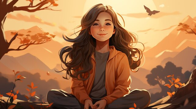 A young girl doing a virtual mindfulness exercise with her classmates, all appearing focused and calm, promoting collective stress-relief activities. Illustration, Minimalism,