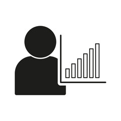 Business presentation icon. Person with growth chart. Black and white. Vector graphic.