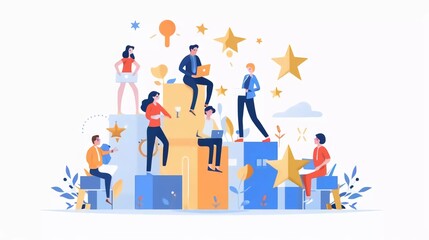 HR recognition concept. Best employee and specialist with great reputation online. Business success. Tiny people professionals. Modern flat cartoon style. Vector illustration on white background very 