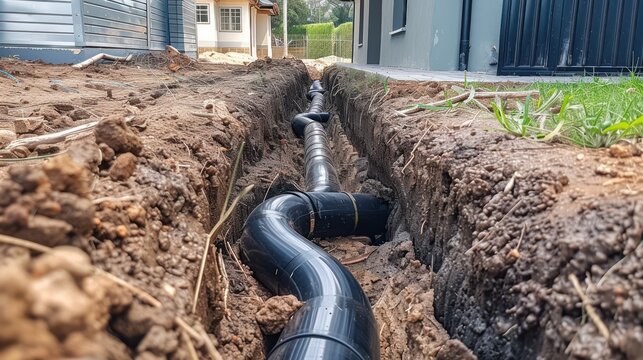 Sanitary installation of underground drain pipes, excavation of land for installation of PVC pipes.