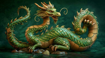 Fototapeta premium Majestic Green Dragon with Golden Accents Generative AI