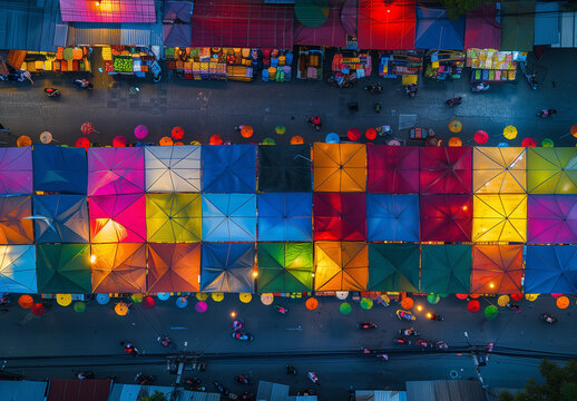 Colorful Aerial View of Vibrant Night Market with Tents and Umbrellas
- Powered by Adobe
