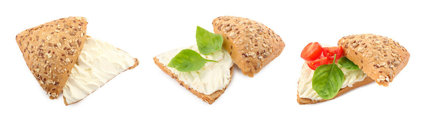 Delicious sandwiches with cream cheese isolated on white, set