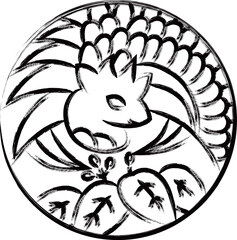 筆書き円形ミニ花札　師走　桐　鳳凰　12月　桐に鳳凰