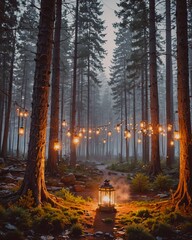 Floating lanterns in the woods along a forest path. 