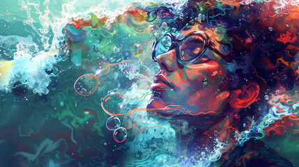 A woman is in the water with bubbles coming out of her mouth. The woman is wearing glasses and has a serious expression on her face. Generative AI