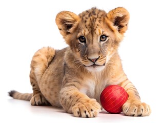 Fototapeta premium A Lion Cub Playing With A Red Ball On A White Background