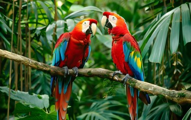 Obraz premium Two colorful parrots resting on a branch, surrounded by a rainforest