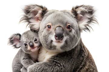 Fototapeta premium A Mother Koala And Her Joey, Isolated On A White Background.