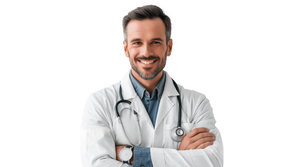Fototapeta premium Portrait of a smiling male doctor with stethoscope, isolated on transparent background