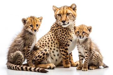 Obraz premium A Beautiful Cheetah Family Of Three Sits Together On A White Background.