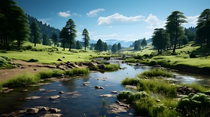 Tranquil nature background: lush greenery, flowing river, and clear blue sky