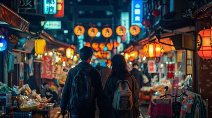 Fototapeta premium A couple exploring a bustling night market in a foreign city