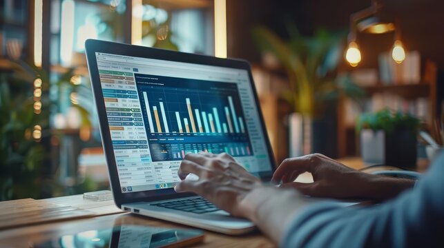 An entrepreneur conducting market research, reviewing data on a laptop, charts and graphs on the screen, focused and analytical expression, modern workspace