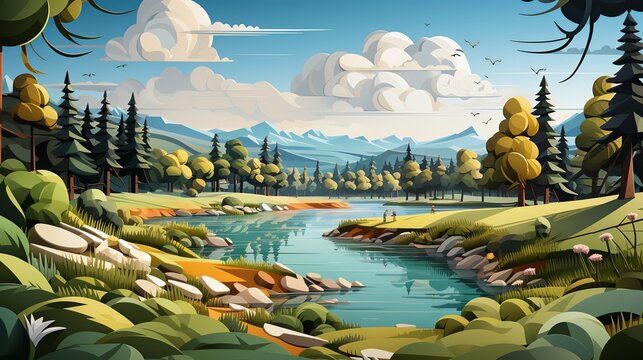 A tranquil paper art landscape of a lakeside park, with paper ducks swimming, paper boats on the water, and paper families having picnics on the grassy banks. Illustration, Minimalism,