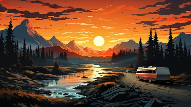 A tranquil paper landscape of a national park, with paper trails, paper wildlife, and paper campers enjoying the natural beauty and serenity of the park. Illustration, Minimalism,