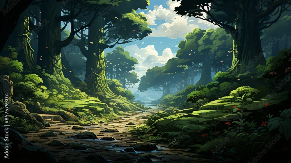 Wall mural a dense forest at dawn with rays of sunlight piercing through the mist, highlighting the lush green 