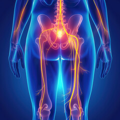 Medical illustration showing the sciatic nerve and its path through the lower back, hips, and legs. Highlighting areas of potential nerve pain and sciatica.