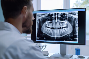 Dentist examining dental X-ray image on a monitor in the clinic. Diagnostic of dental issues.