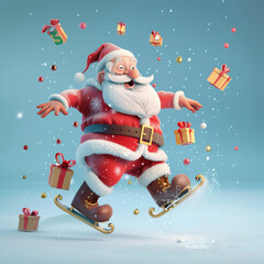Cute Santa Claus performing a comical ice-skating act surrounded by floating gifts. New Year and Christmas funny image.