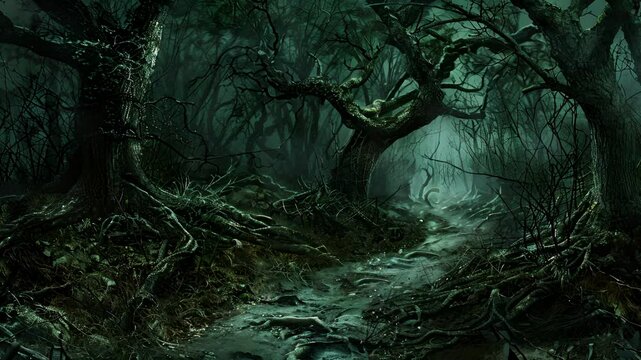 The trees are twisted and contorted their gnarled roots snaking across the path like grasping fingers. Shrieks and wails fill the air causing a sense of unease to settle upon any who