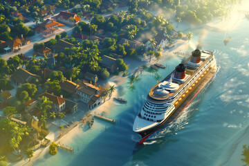 Fototapeta premium Aerial view of a cruise ship approaching a tropical island town. Scenic coastal journey.