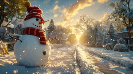 Obraz premium Cute snowman in a winter city street on a sunny day. Cheerful and festive winter scene.