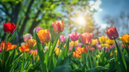 A field of tulips with a bright sun in the background