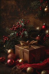Embrace the warmth of the holiday season with a charming Christmas gift beautifully decorated with holly and ornaments, creating a cozy and festive atmosphere perfect for celebrating with loved ones