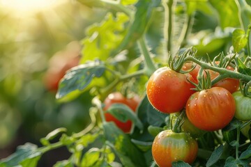 Ripe juicy tomatoes on a green vine, sunlit against a blurred background, close-up garden photography
