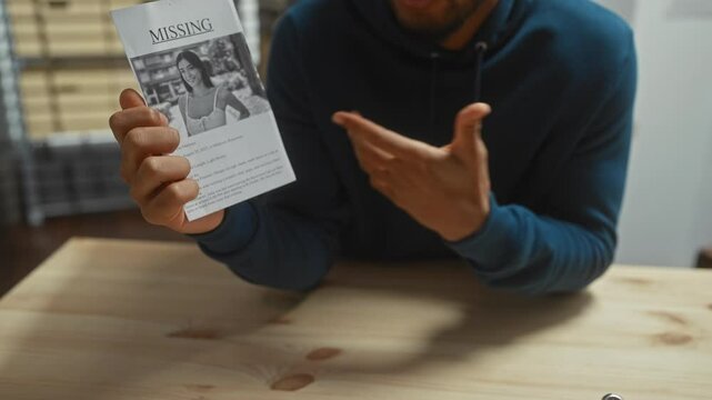 African american man holding a missing person flyer indoors, portraying concern and search effort.