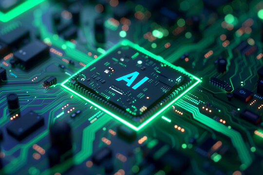 Artificial Intelligence Computer Chip Semiconductor, Green AI Machine Learning Hardware Concept