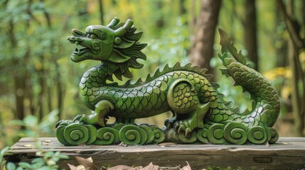 Green Wooden Dragon Sculpture in Forest Setting, Generative AI
